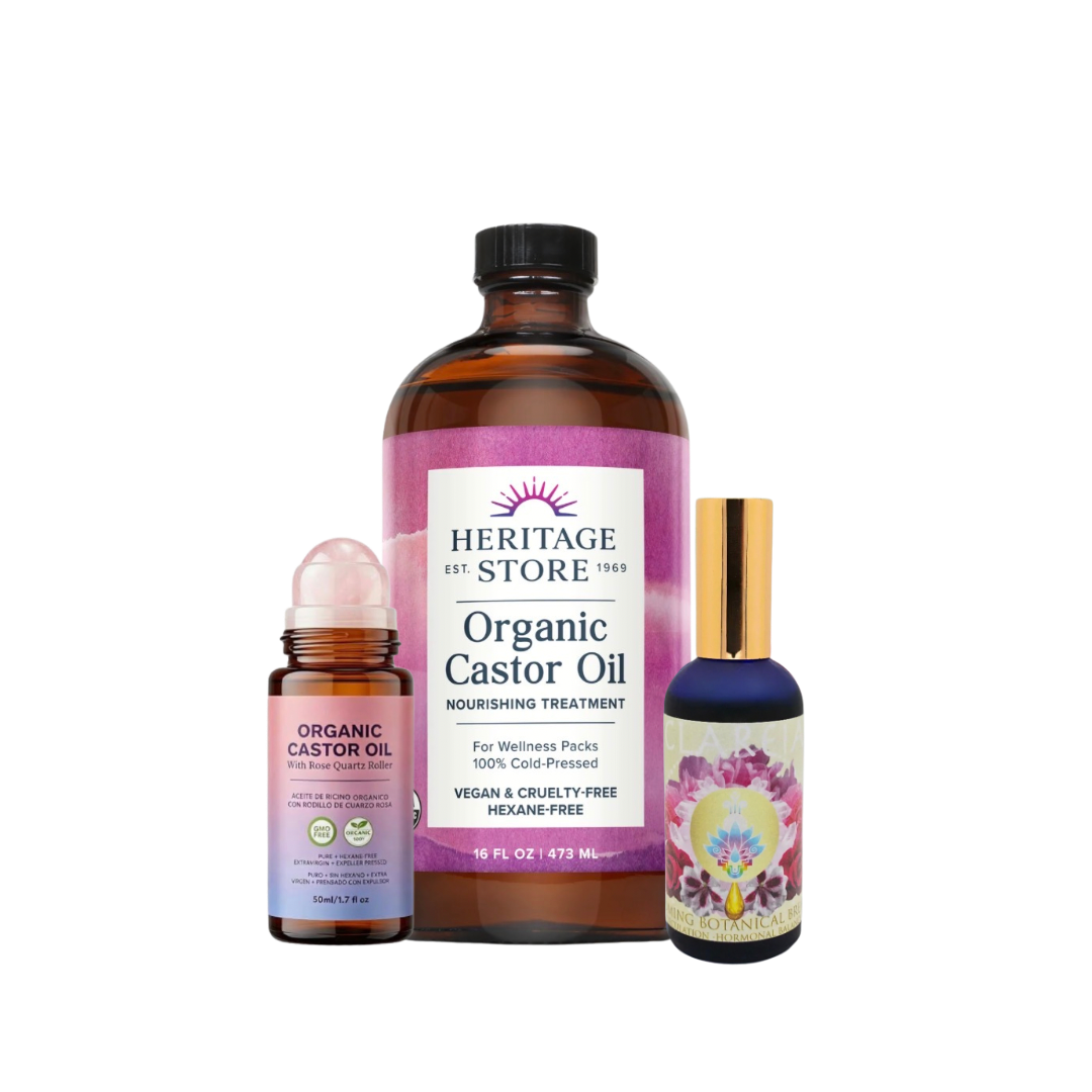 Organic castor oil, castor oil roll-on, and Clareia breast oil